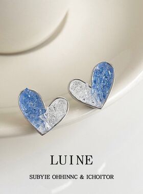 海边度假风耳环S925银针清新甜美耳饰玻璃水晶渐变蓝色爱心耳钉