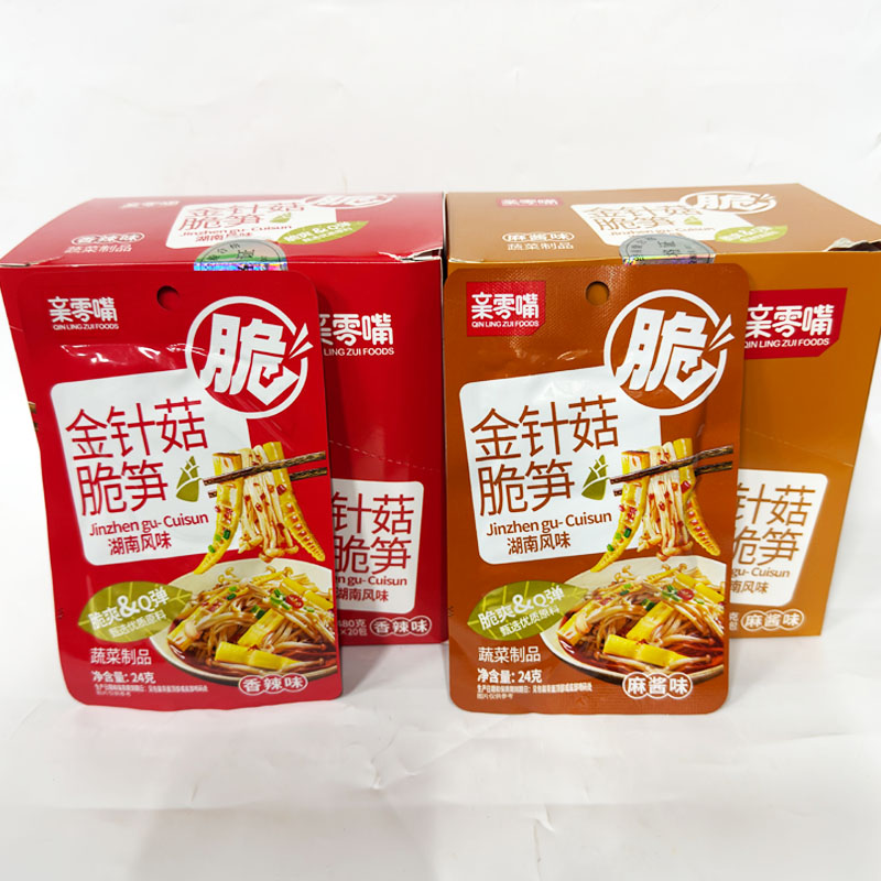 批发湖南亲零嘴香辣麻酱味金针菇脆笋24g整盒20包休闲零食小吃菜