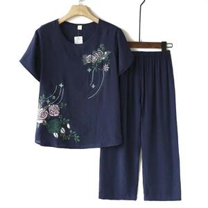 中老年人夏季纯棉麻短袖妈妈装大码休闲洋气宽松两件套装上衣睡衣