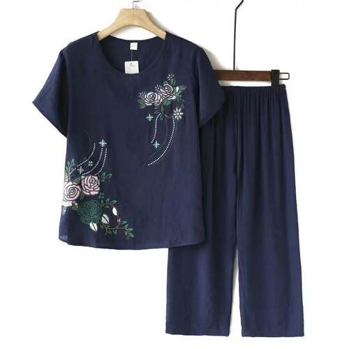 夏季纯棉麻休闲两件裤子妈妈装