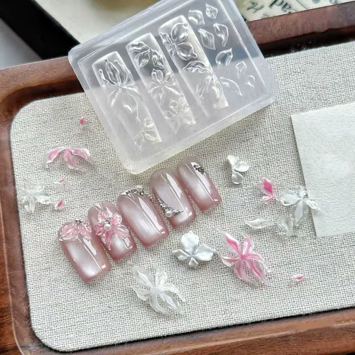 Форма для маникюра, наклейки для ногтей, набор маникюрных инструментов, трехмерное украшение для ногтей с бантиком, в цветочек