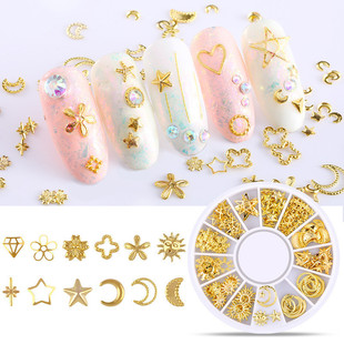 圆盘盒装 新款 日系美甲星月铆钉饰品金属圈镂空爱心小花指甲贴片