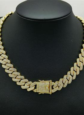 欧美合金古巴链镶钻手链14毫米菱形满钻男女士嘻哈风项链跨境个性