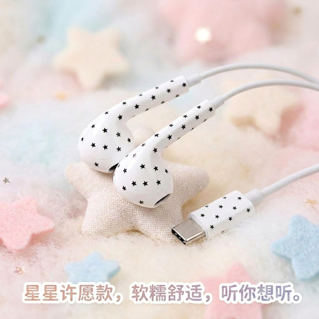 网红爆款波点星星韩系ins2026 新款有线耳机适用VIVO苹果OPPO小米