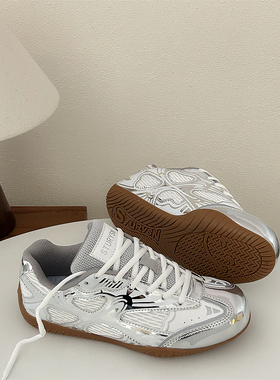 小众银色复古百搭德训鞋男女同款ins2025年秋季网面运动休闲鞋