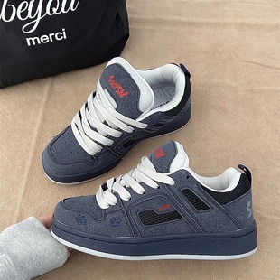 复古深蓝色板鞋男鞋子2025年冬季新款ins运动休闲鞋女百搭面包鞋