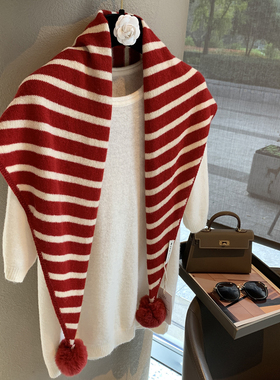 2025冬款新款韩版百搭100%澳洲羊毛针织毛球条纹三角围巾外搭披肩