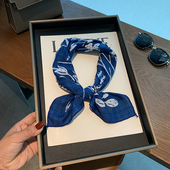 韩国文艺清新蓝色系丝巾小方巾新款 棉麻柔软复古怀旧丝巾发带