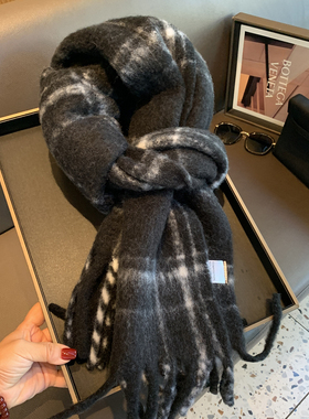 格子围巾黑色披肩羊毛混纺加厚加大保暖冬季情侣围脖女披肩两用