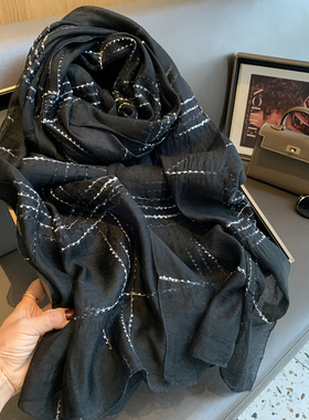 冬季小香风经典格子黑色真丝羊毛围巾桑蚕丝丝巾大披肩薄款纱巾女