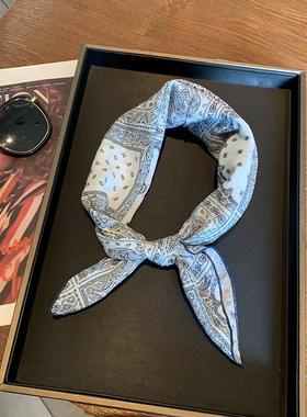 丝巾小方巾女复古黑色腰果花棉麻护颈领巾 搭配衬衫的ins头巾发带