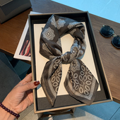 绑腰丝巾女春夏季 冷色系几何咖色70cm方巾装 饰配衬衫 空调护颈围巾