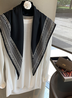 丝巾三角巾女复古高级感黑色腰果花系腰领巾 搭配衬衫ins头巾发带