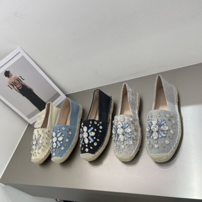 水钻草编渔夫鞋女2024年春秋新款百搭平底单鞋女一脚蹬休闲懒人鞋