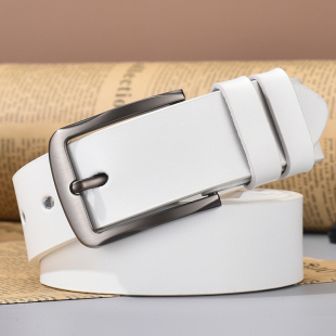 白色加长皮带男女腰带真皮休闲裤 百搭年轻人 带针扣青年打孔牛仔裤