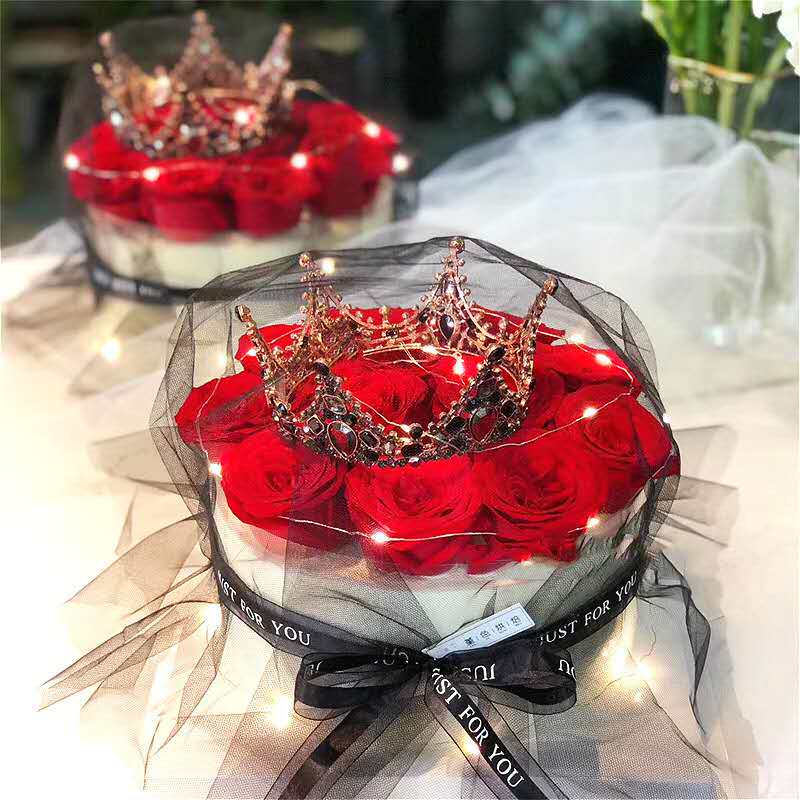 情侣生日蛋糕网红黑色网纱红玫瑰巴洛克皇冠蛋糕插件甜点台装饰品