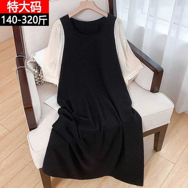 320斤加肥加大码短袖连衣裙女胖mm夏季薄款时尚拼色镂空a字长裙