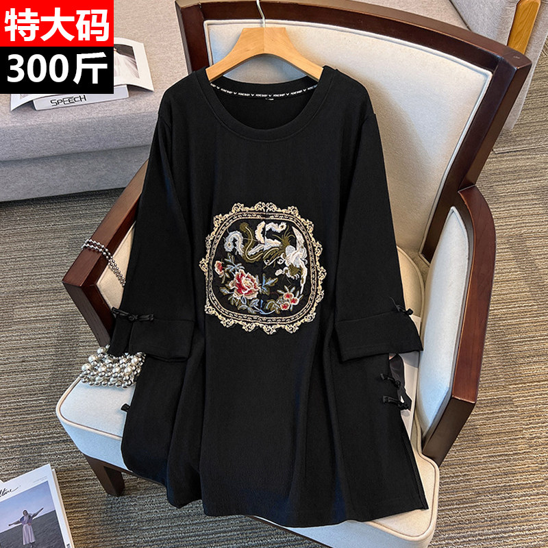 300斤特大码女装新中式圆领刺绣连衣裙胖mm中长款宽松A字国风裙子