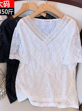 350斤胸围170加肥加大码女装性感V领蕾丝上衣夏季胖mm心机短袖t恤
