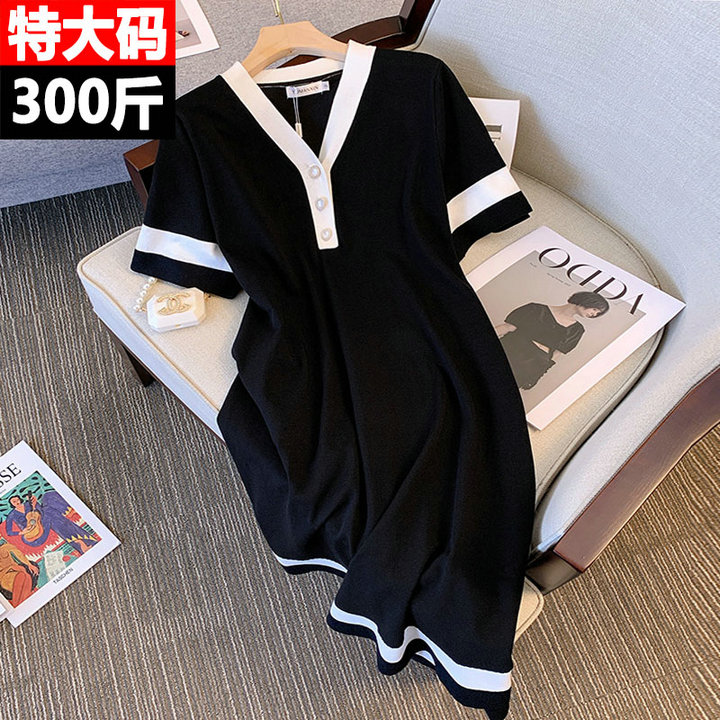 300斤特大码V领冰丝连衣裙女夏装