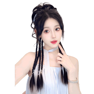 丸子头假发辫子女发圈高马尾双麻花长辫发饰旗袍新中式马尾假发包