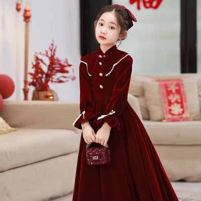女童礼服2025冬季新款红色主持人钢琴演奏儿童生日公主演出礼服