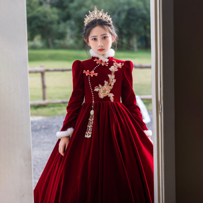女童丝绒红色公主裙冬季儿童长袖主持人花童婚礼小女孩钢琴演出服