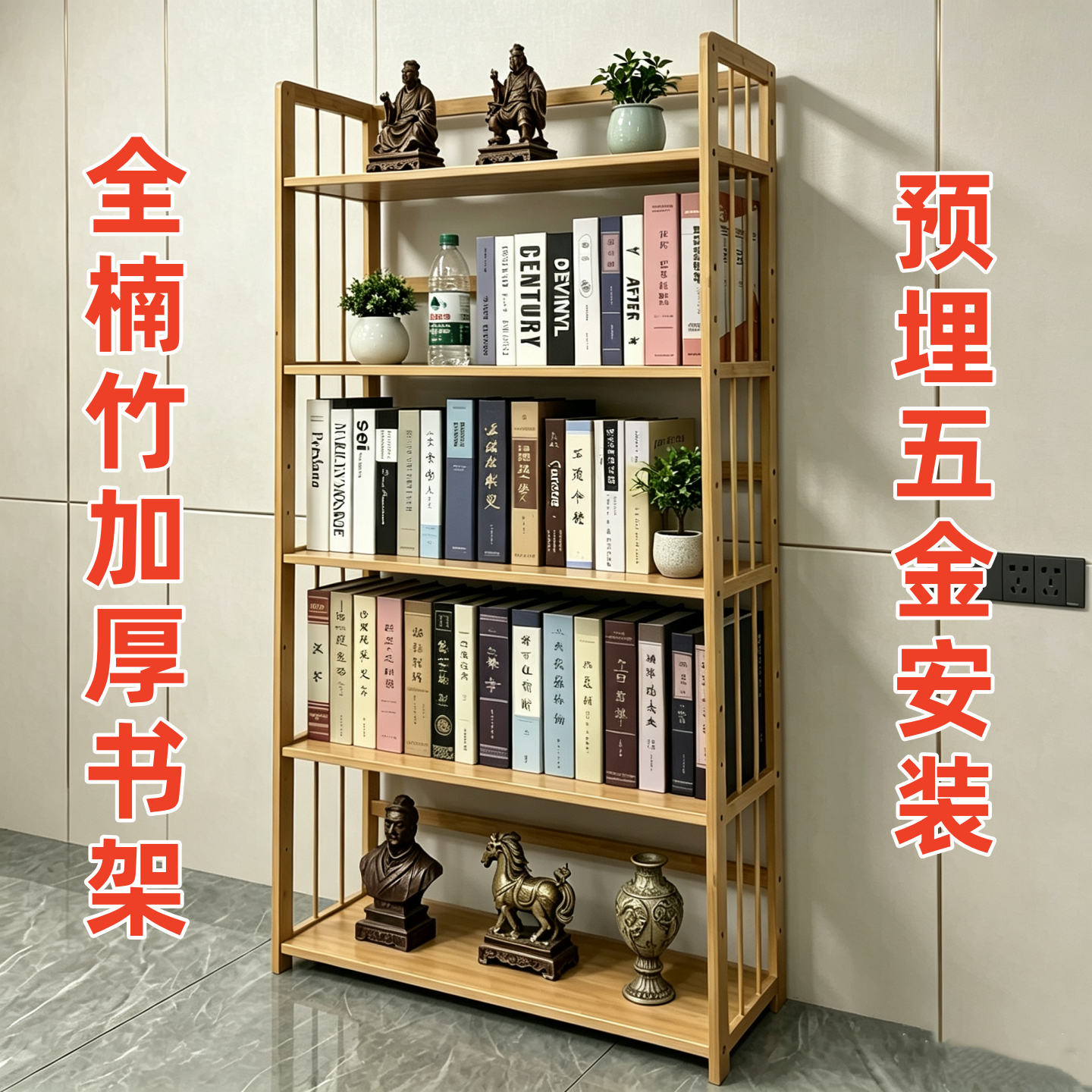 全楠竹加厚书架落地置物架多层收纳架预埋五金安装家用书柜木制品