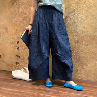 复古文艺阔腿显瘦九分牛仔麻裤