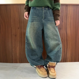 木易初见0514原创设计师款复古文艺风水洗宽松百搭阔腿加绒牛仔裤