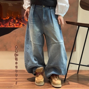 木易初见0255原创设计师款拼接复古文艺风宽松阔腿弯刀加绒牛仔裤