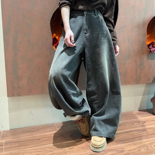 木易初见0464原创设计师款复古文艺风宽松百搭显瘦阔腿加绒牛仔裤