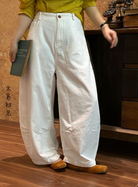 木易初见0109原创设计师款复古文艺风白色宽松休闲阔腿直筒牛仔裤