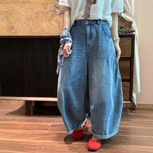 木易初见0079原创设计师款 复古文艺风卷边宽松阔腿休闲百搭牛仔裤