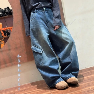 木易初见0529原创设计师款磨破复古工装风宽松休闲阔腿加绒牛仔裤