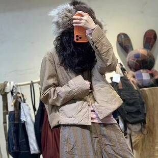 25810A衣牧了然 秋冬复古色织撞色棉衣外套 文艺休闲宽松保暖棉服