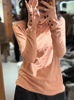 250709忆古朴拙 复古软糯亲肤高领打底衫文艺风袖口扣子休闲T恤衫