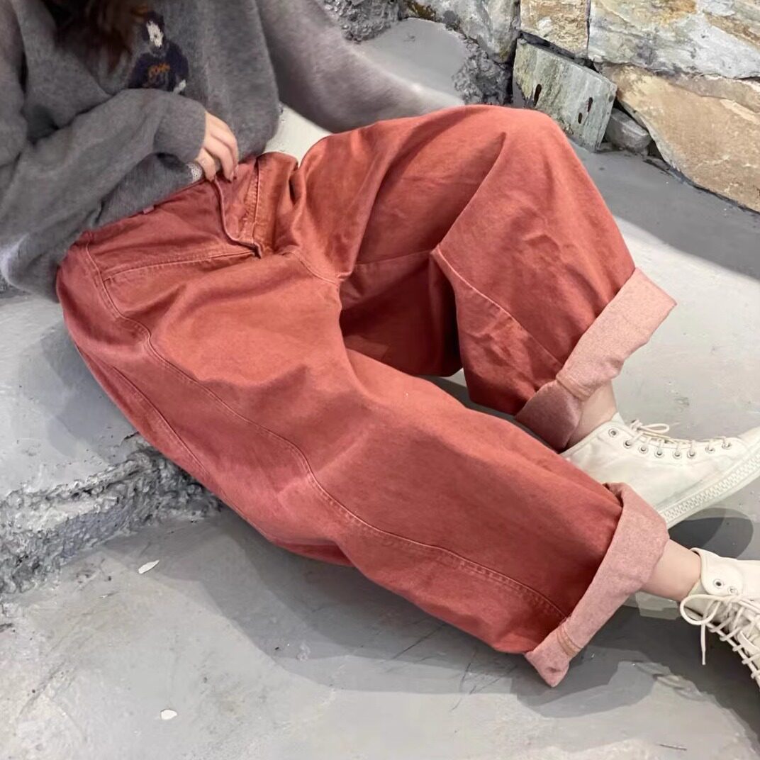 木易初见2024秋新品文艺风阔腿百搭复古口袋设计宽松直筒裤牛仔裤