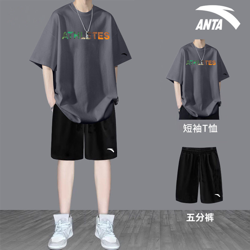 ANTA 운동복 정장 남성 여름 반팔 티셔츠 반바지 청소년 중학교 루즈 캐주얼 투피스 세트