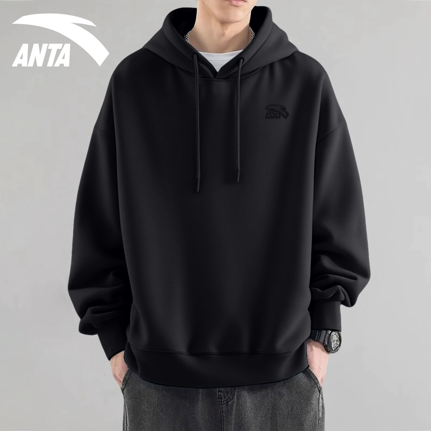 安踏连帽卫衣男黑色百搭圆领长袖