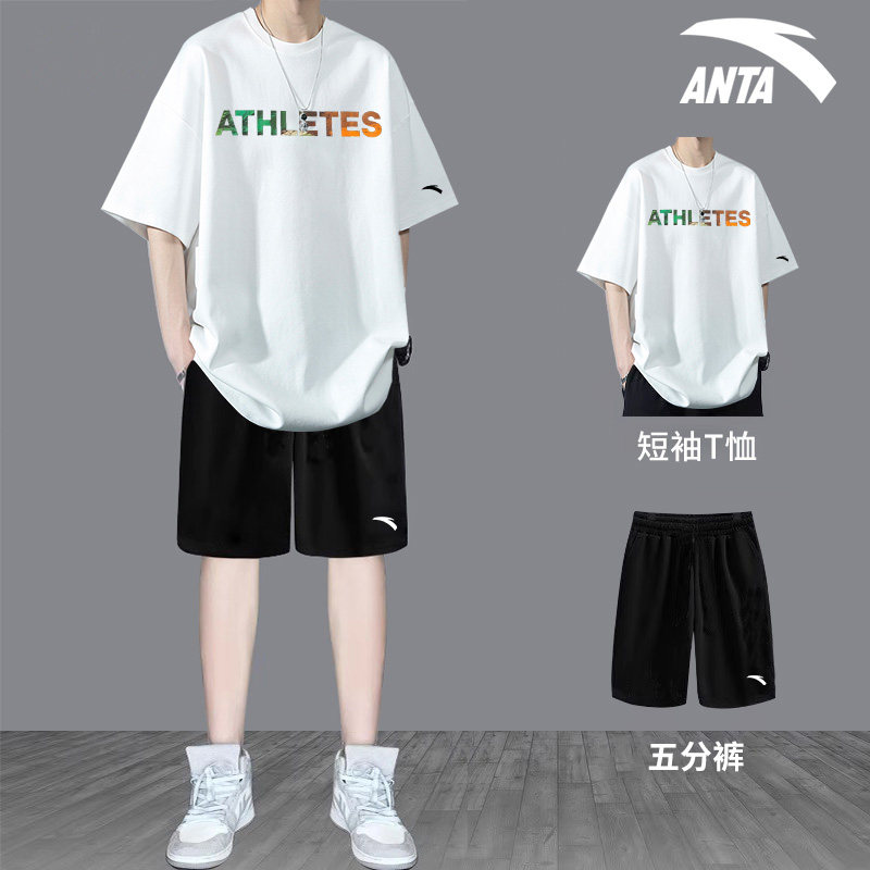 ANTA 운동복 정장 남성 여름 반팔 티셔츠 반바지 청소년 중학교 루즈 캐주얼 투피스 세트