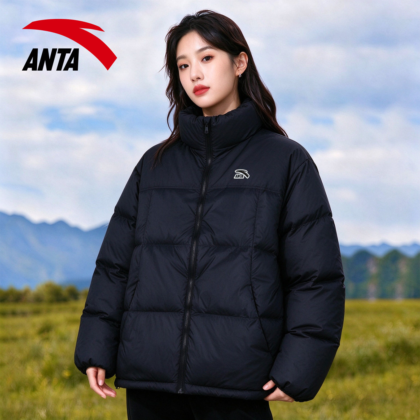 安踏羽绒服女冬季防风保暖防泼水立领面包服黑色宽松显瘦棉服外套