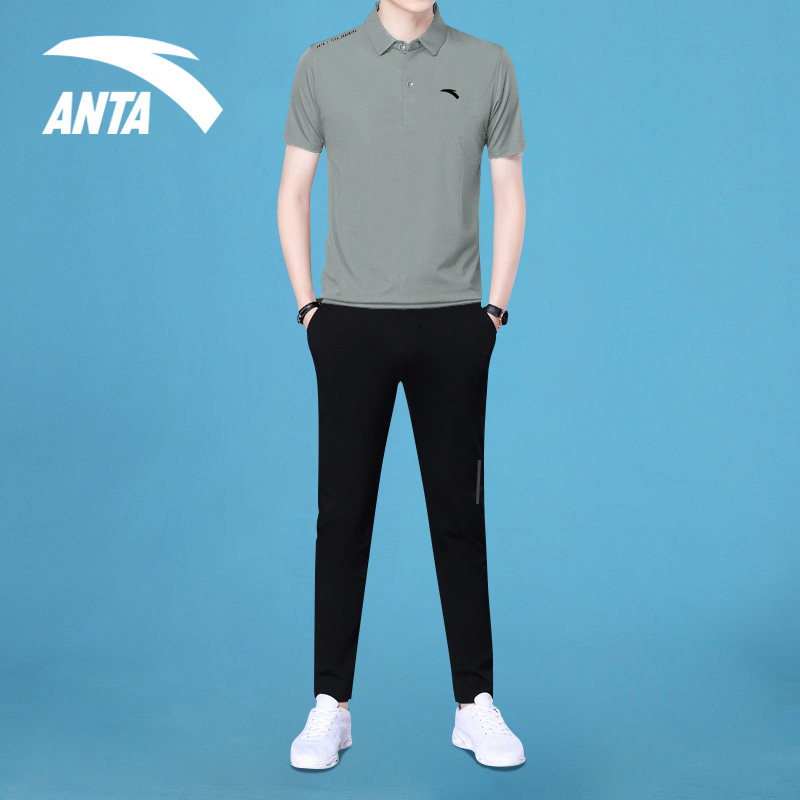 ANTA 스포츠 정장 남성 여름 옷깃 반팔 폴로 셔츠 러닝 속건 티셔츠 스트레이트 바지 캐주얼 남성 의류