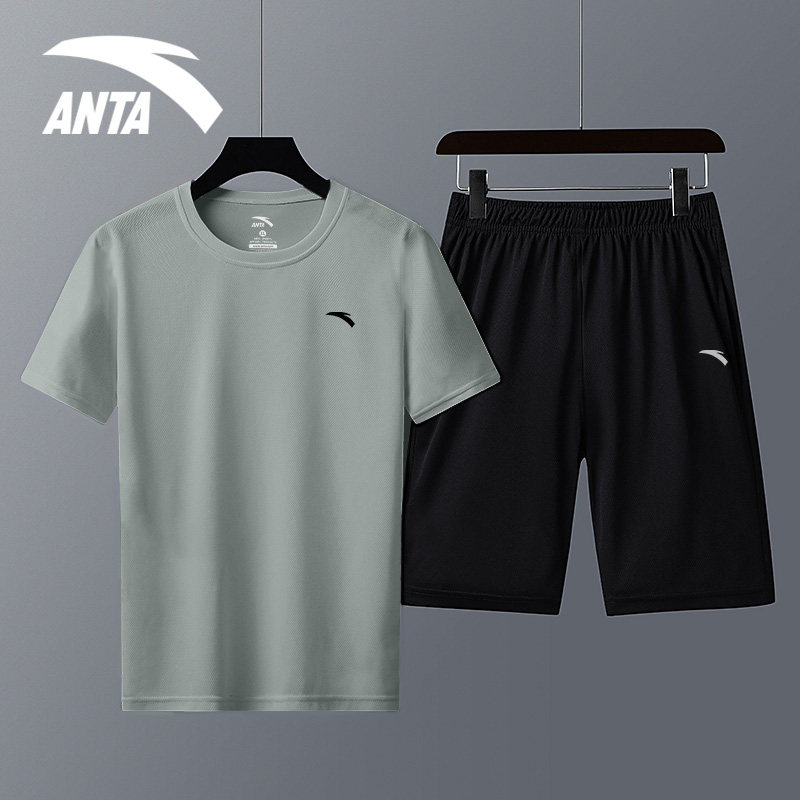 安踏运动服套装男士晨跑步健身速干衣冰丝t恤训练服短裤短袖夏季_虎窝淘