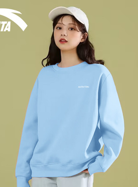 安踏蓝色卫衣女长袖t恤春秋季新款圆领简约薄款打底衫运动上衣女