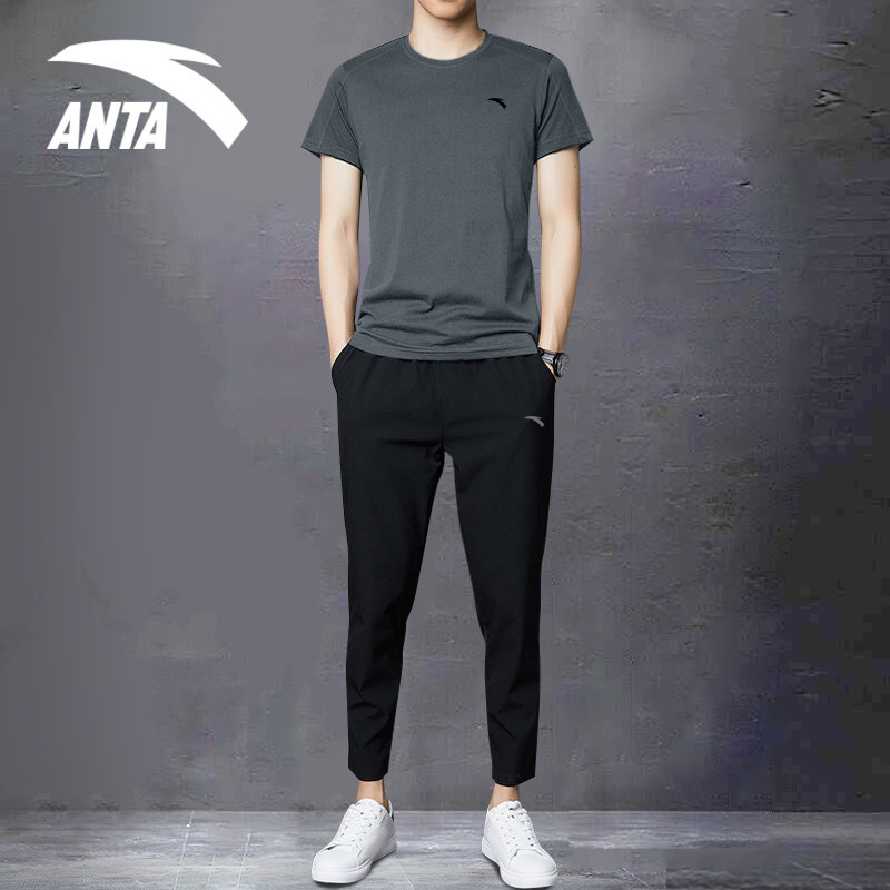 ANTA 스포츠 슈트 남성 아이스 실크 캐주얼 운동복 반팔 티셔츠 속건 공식 홈페이지 주력 여름 얇은 남성 의류