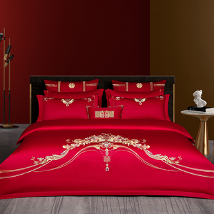 新中式高档120支长绒棉结婚四件套红色全棉纯棉嫁娶喜被床上用品