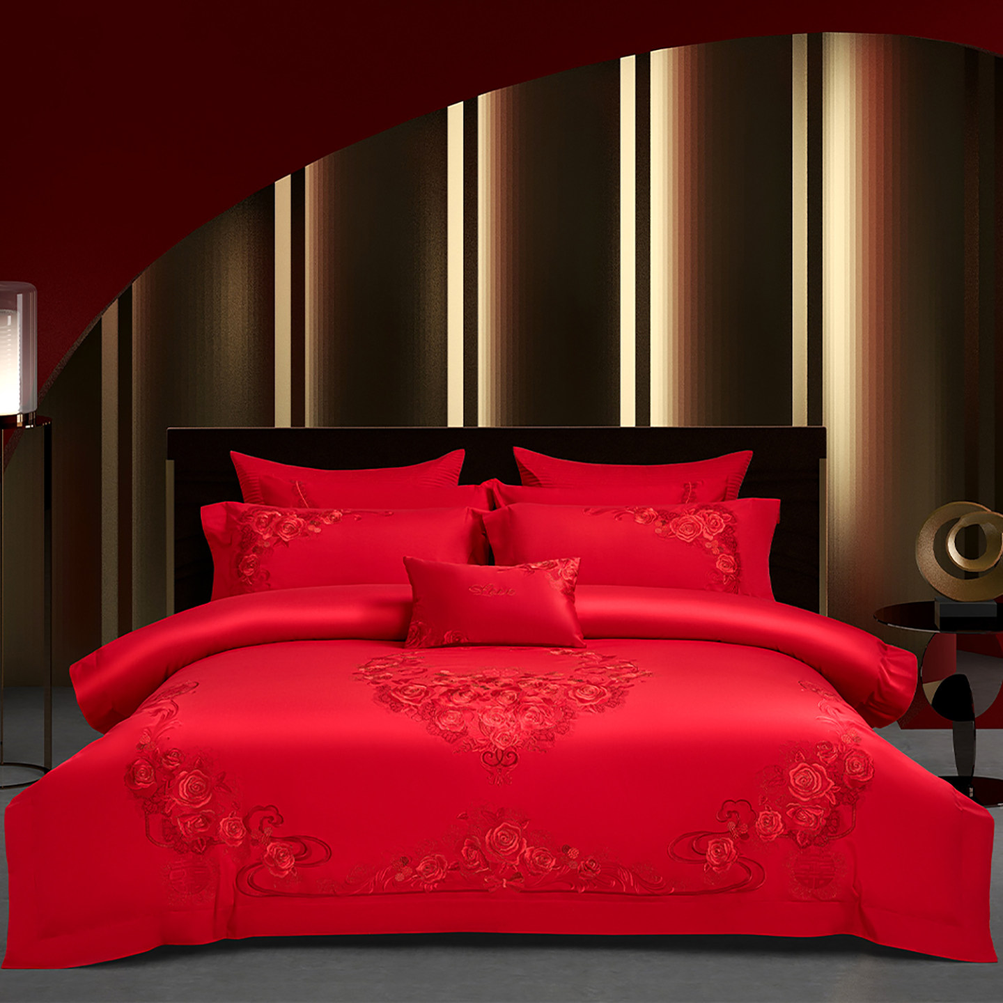 悠仙居高端刺绣结婚四件套婚庆大红色喜被全棉纯棉婚房喜庆十件套