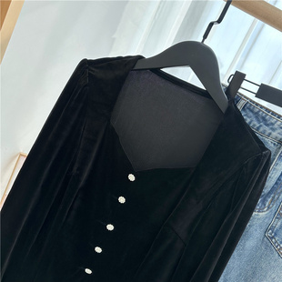 小衫 复古性感光滑柔顺滑爽细腻方V领丝绒泡泡袖 法式 早春新款