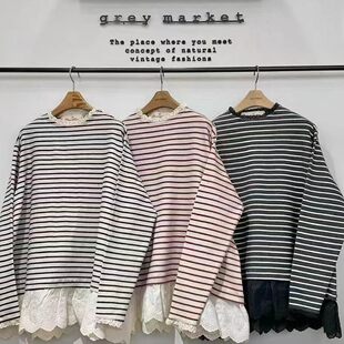 打折 Greymarket 蝴蝶结家 韩国代购蕾丝边绒T恤打底衫半高领内搭